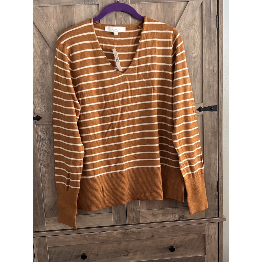Loft Womens Striped V-Neck Sweater Brown White Long Sleeve Ribbed Knit Large NWT